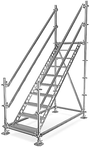 Scafom-rux Feuerverzinkte Bautreppe - [10 Stufen inkl. Geländer & Bausatz] Außentreppe - 2 Meter Höhe, 80 cm breit, Treppe außen - Stahltreppen für Gerüst & Garten - Aussentreppen Stahl
