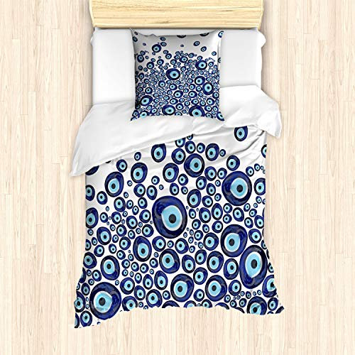 ABAKUHAUS Evil Eye Bettbezug Set, Blue Beads Luck, Milbensicher Allergiker geeignet mit Kissenbezügen, 135 cm x 200 cm - 80 x 80 cm, Dunkelblau Hellblau