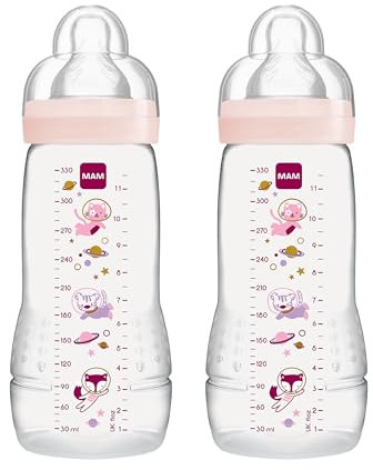 MAM Easy Active Trinkflasche im 2er-Set (330 ml), Baby Trinkflasche inklusive MAM Sauger Größe 2 aus SkinSoft Silikon, Milchflasche mit ergonomischer Form, 4+ Monate, Weltall