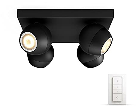 Philips Hue White Ambiance Buckram Spot 4 flg. schwarz 4x250lm inkl. Dimmschalter, dimmbar, alle Weißschattierungen, steuerbar via App, kompatibel mit Amazon Alexa (Echo, Echo Dot)
