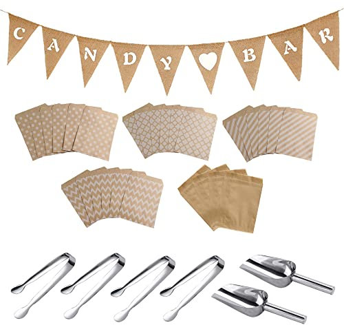 Csirnto Pinze da Zucchero 4 Pinze per Zucchero in Acciaio Inox e 2 Paletta da Ghiaccio con Festone Decorativo e 50 Sacchetti di Carta, Pinze per Ghiaccio per Matrimoni Feste Compleanni Eventi