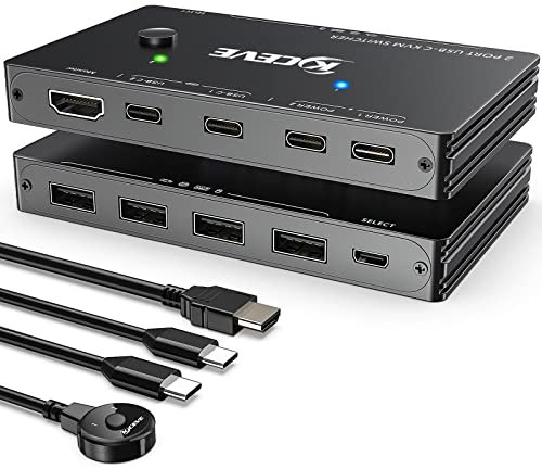 USB-C KVM Switch, KCEVE KVM Typ-C Umschalter Unterstützt 4K @ 60Hz für 2 Typ-C Computer, die Tastatur, Maus und Monitor teilen, unterstützt 87 W PD-Schnellladung