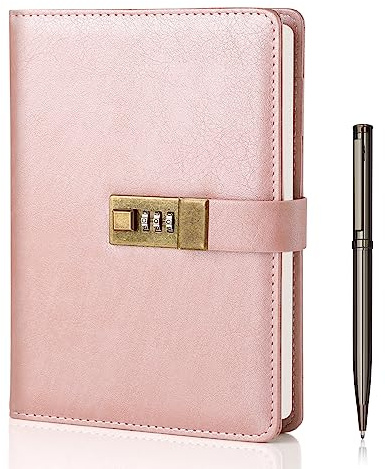 WEMATE Journal Intime Code, A5 Journal en Cuir PU avec 240 Pages, Vintage Diary Avec Serrure,Journal Intime Garçon Fille,Convient aux élèves de Bureau et D'école,8.6 x 5.8 Pouces,Or Rose