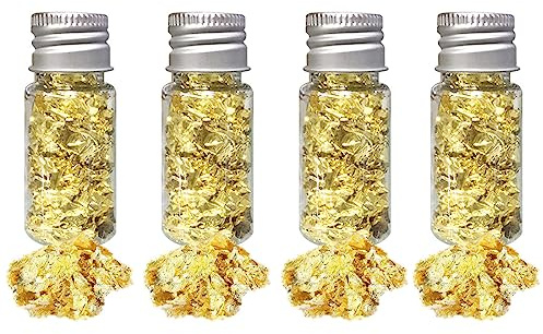 REQAG 4 Bottiglie Oro Commestibile Oro Alimentare Scaglie di Foglia d'oro Raffinata Perfette per la Decorazione di Torta Dessert Alimentari Vino Bevande Maschere Manicure