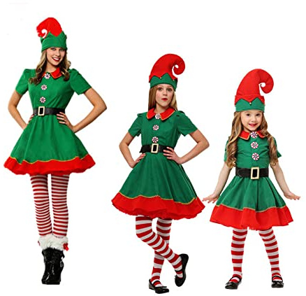 Springcmy Costume de lutin de Noël pour femme et enfant - Robe de Père Noël à manches courtes + pantalon + jambières + chapeau + ceinture - Costume de Noël (femme, costume d'elfe vert, taille L)