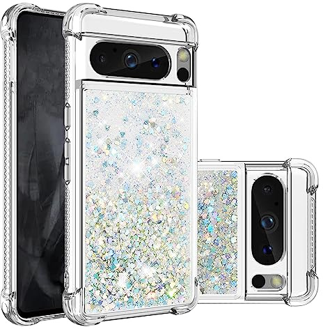 IMIRST Telefonfodral kompatibelt med Google Pixel 8 Pro Bling flytande glitter silikonskal stötsäkert Kawaii airbag skyddande fodral för Google Pixel 8 Pro. YBW kärlek silver
