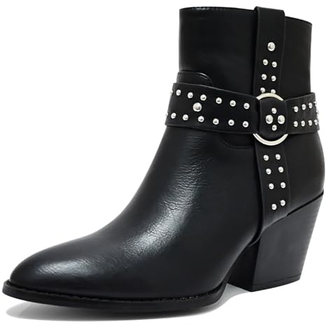 SICARE Chunky Stacked Heel Ankle Boots for Women Pointed Toe Chelsea Combat Boots Mid Calf Side Zipper Silver Studded Strap Heeled Booties Fall Dress Shoes,Black,Size 8.5
