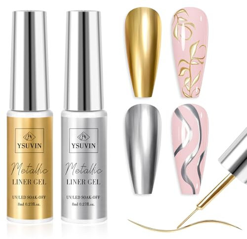 Yueshop Metallic Gel Nail Polish, 2PCS Silver Bronze Gold Gel Liner Nail Art Mirror Chrome 3D Effect gel Polish Soak Off UV/LED, gel Liner Smooth for Drawing Pattern DIY nail Salon at Home, 8ml