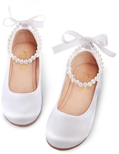 KDVOG Toddler Girls Dress Shoes Flower Girls Kids Mary Jane Ballet Flats Wedding Party Communion Princess Shoes(White Silk,Toddler 7)