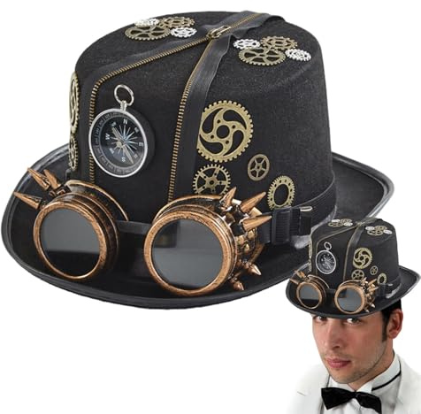 Cappello steampunk con occhiali, cappello gotico per cosplay, vintage, cappello da viaggiatore nel tempo, costume di Halloween per feste in maschera, feste cosplay, accessori steampunk