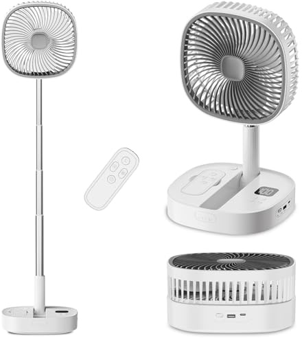 Dhenrio Portable Oscillating Pedestal Fan with Romote, 4 Speed 120° Telescopic Rotation Foldable Standing Collapsible Fans, 7200Mah Rechargeable, Quiet Timer DeskFan for Travel Outdoor Home, Gray