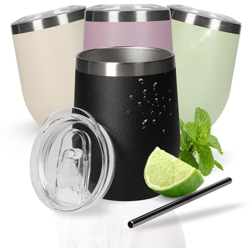 Vinmugg 350 ml Vinova – dubbelväggig rostfri kopp håller länge kall – drickkopp med lock och sugrör – mugg som en perfekt presentidé för svensexor, färg: svart