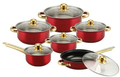 ASerZenith Kitchware Topfset, 12-Teilig, Bunt, Antihaftbeschichtet, Mit Vergoldetem Griff, Kochgeschirr-Set, Töpfe, Suppentopf Aus Edelstahl, Pink, 12-Teilig(Red-12 pc)