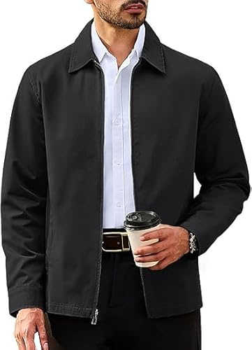 TACVASEN Bomber Jackets for Men UK Lightweight Casual Jacket with Pockets Fall Windbreaker for Work Walking Black,2XL