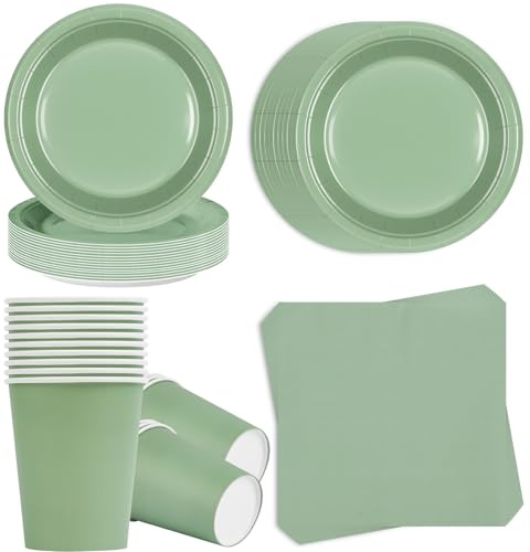 Alaoo Vajilla Verde Hierba Fiesta Cumpleaños,96PS,platos,vasosyservilleta | Vajilla Desechable para Cumpleaños Infantil,Bodas, Picnics, 24 Comensales
