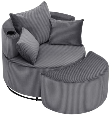INMOZATA Swivel Snuggle Chair Jumbo Cord Cuddle Chair with Footstool Set Arc 1.5 Seater Accent Chair with Built-in Cup Holder & 3 Pillows Sofa Armchair with 360° Rotating Metal Base, Grey