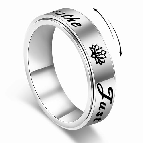 LANJORXU Serene Lotus Fidget Ring: Just Breathe Anxiety Spinner Ring for Women, Floral Pattern Rotating Band for Calm & Focus, 18K Gold Plated Stainless Steel Jewelry Gift (Stainless Steel, 8)