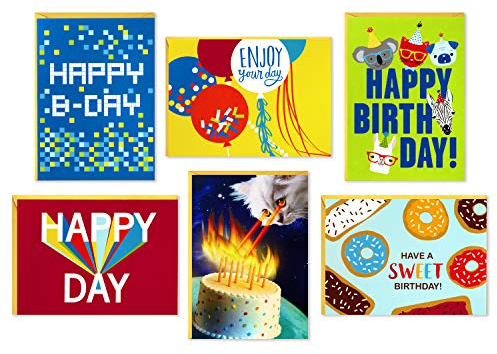 Hallmark Birthday Cards Assortment, 36 Cards with Envelopes (Cats, Lasers, Llamas, Donuts)
