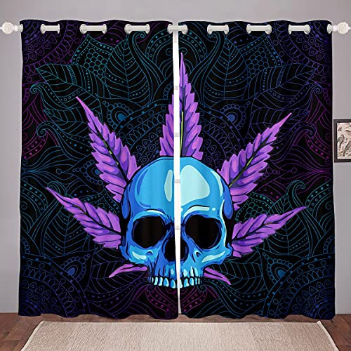 Cortinas de Marihuana con de Calavera de Cannabis,de Huesos de Ventana niños, Color Morado y Azul Vibrante, Cortinas de Ventana de cáñamo y Esqueleto, 46 x 72