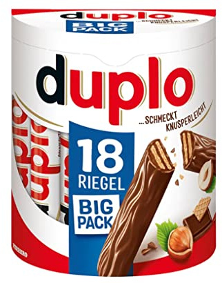 Ferrero Duplo - Barra de chocolate con relleno de cacao cremoso y avellanas (18 x 18,2 g), 1 paquete de 18 barras individuales