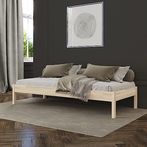 Hansales Holzbett 90x200 cm Lauli Scandi Style ohne Rollrost aus unbehandeltem hartem FSC® Birken Vollholz - über 350 kg - Einzelbett Bettgestell - ohne Kopfteil - Kinderbett Jugendbett Gästebett