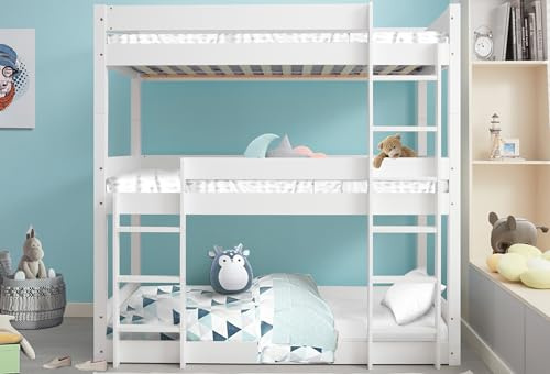 Triple Bed Bunk Beds, 3ft Triple Bunk Loft Bed, Sleeper Bunk Bed for Kids, Solid Pine Wooden Bed Frame for Kids Children Adults (White, L197 x W96 x H198cm)