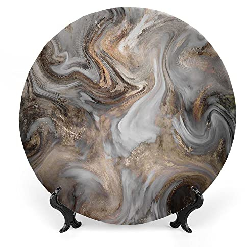 LIGUTARS Decorative Plates, Marble Print Ornament, Retro Style Paintbrush Colors, 8 Inch, Kitchen Wall Decor, Sand Brown Dust Pale Grey
