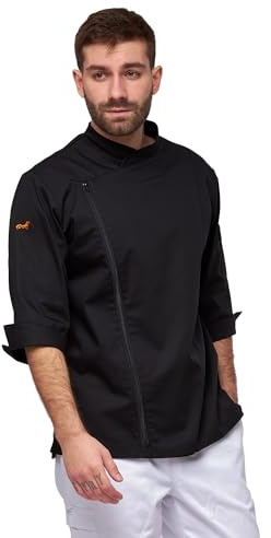 strongAnt Herren Kochjacke 3/4 kurzarm mit Reißverschluss Stretch Professionelle Kochuniform - Schwarz, Größe: 2XL