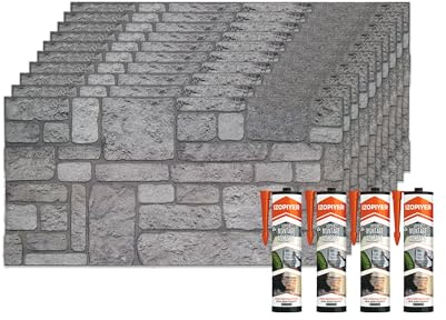 IZODEKOR Revestimiento de pared, aspecto de piedra, espuma de poliestireno, 3D, para cocina, balcón, dormitorio, salón, diseño de aspecto antiguo, 10 paneles con 4 adhesivos de montaje, patio trasero