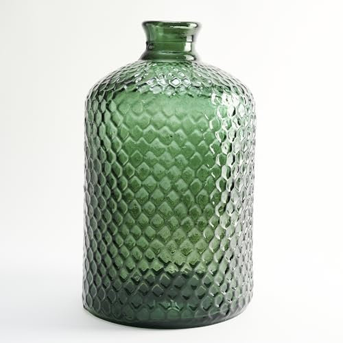 Botella Grande de Vidrio Reciclado con Diseño de Escamas en Relieve - Garrafa Artesanal de Cristal Estilo Mediterráneo para Decoración del Hogar como Jarrón o Florero (Verde Oliva)