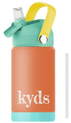 kyds® Trinkflasche Kinder, Thermo Edelstahl Wasserflasche, Auslaufsicher, mit Trinkhalm, hygienischer Klappdeckel, BPA-frei, spülmaschinenfester Deckel, Trinkflasche für Schule Sport