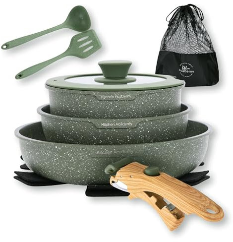 Kitchen Academy Removable Handle Pots and Pans Set - 10 Pieces Green Cookware Set with Removable Handle, RV Induction Cookware Set for Camp