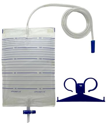 Sacca per urina da letto - monouso - capacità ml. 2000 - tubo cm.130 - valvola di scarico a T - valvola anti reflusso - conf. 30 pz - CE