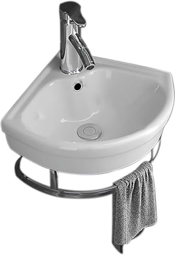 Lavandino da bagno moderno ad angolo – piccolo lavandino per bagno, montaggio a parete ad angolo con rubinetto di scarico barra asciugamano – ideale per cucina, bagno, ristorante, fattoria, lavanderia