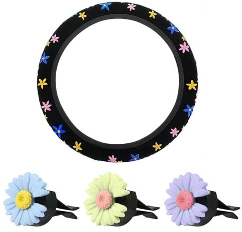 1 Stück Mit Blumen Bestickte Lenkradabdeckung Und 3 Stück Luftauslass-Dekorationsklammern, Lenkradschutz, Lenkraddekoration