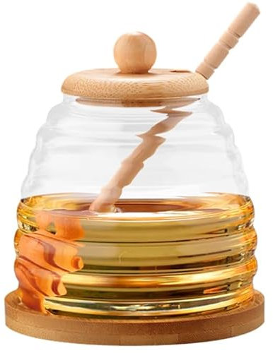 Honigtopf mit Deckel, Honiggläser mit Löffel 500ml - Honigtöpfe in Bienenstockform, Honigspender, Honig Topf, Honigglas mit Holz Honiglöffel, Honigglas mit Holz Deckel, Honigtopf Lebensmittelbehälter