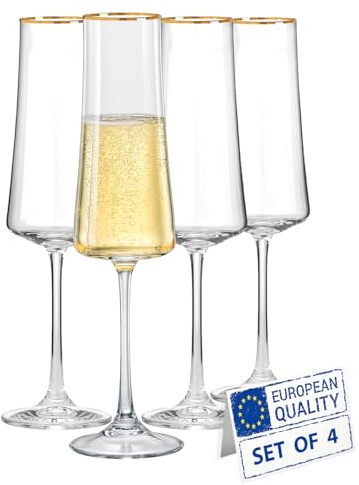 Biandeco Set di 4 calici da champagne in cristallo dorato con bordo in cristallo Boemia a stelo lungo per spumante