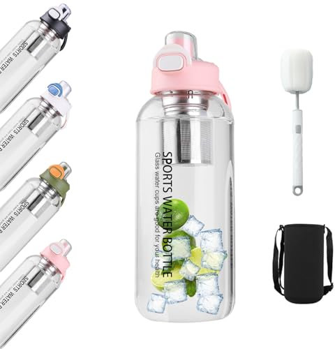 Borraccia in vetro borosilicato, da 1,5 litri, con filtro e pennello, trasparente, per sport, fitness, escursionismo, campeggio, scuola e ufficio (rosa)