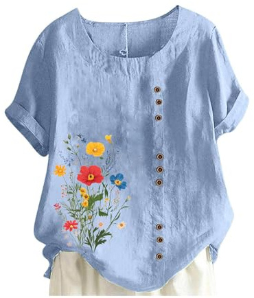 Wyongtao T Shirts en Coton Et Lin Manches Courtes Col Round Chemise Décontractée Imprimé Fleuri Mode Chemisier Femme Chic Et Élégant Tee Blouses Femmes Ample Respirant Tops Tunique Grande Taille