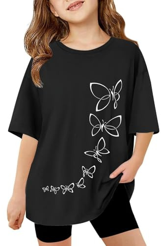 Kids Short Sleeve Butterfly T Shirts Girls Age 3-13 Years Round Neck Summer Tshirts Teenage Girls Fashion Graphic Cute Cartoon Casual Jogging Athletic School Blouse Tops (Black, 10-11 Years)