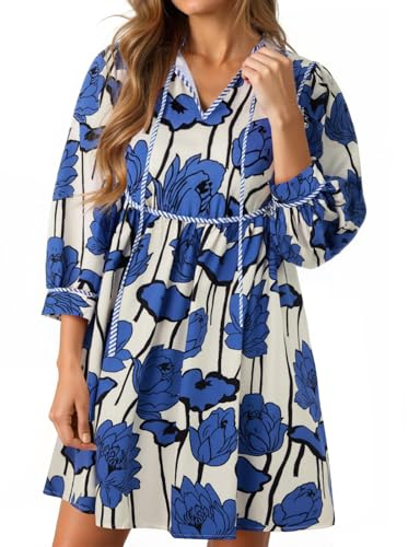 Cicy Bell Womens Floral Mini Dresses 3/4 Balloon Sleeve V Neck Flowy Babydoll Dress Summer Beach Vacation Boho Outfits Navy