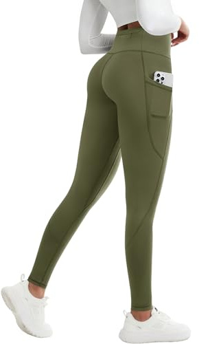 PASUDA Termiska leggings dam fleecefodrade termoleggings vinter hög midja vattentäta varma yogabyxor sportbyxor långa utomhus termobyxor löparbyxor strumpbyxor med fickor, militärgrön, XXL
