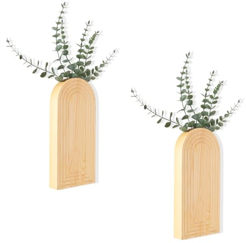KAMJUNTAR Wooden Wall Vase Pack of 2, Wood Wall Planter Hanging Wall Vases for flowers Indoor Modern Boho Farmhouse Decor for Entryway, Bathroom, Living Room, Kitchen