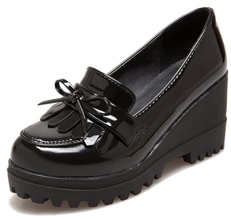 Eestfy Scarpe Eleganti con Piattaforma Tacco a Cuneo Nappe Punta Tonda Slip On Retro Scarpe Eleganti Mocassini con Tacco per Festa Serale e Invitata a Matrimonio,Nero,42 EU