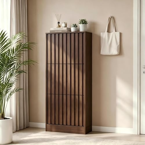 UEV Armoire à Chaussures avec 3 Abattants, 60 x 24 x 122 cm, Marron