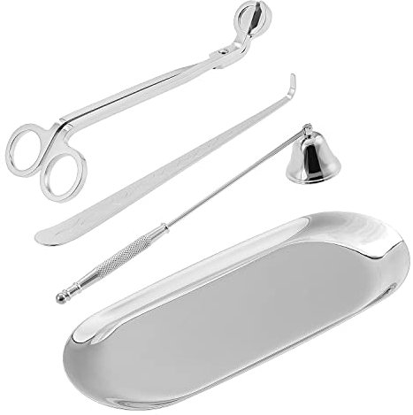 Kinsinder 4 Stück Kerzenzubehör Set, Kerzenpflege Werkzeuge, Dochtschere Kerzenlöscher und Docht-Dipper, Ablageplatte, Geschenkbox für Kerzenliebhaber