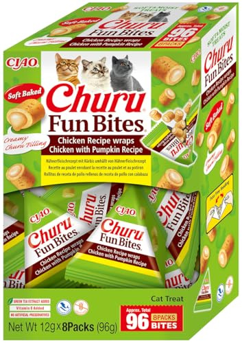 Churu Fun Bites by INABA Cat Treat - Chicken with Pumpkin - 1 Pack (8 x 12g) / Soft Baked Pouches with Creamy Filling, Delicious & Healthy Snack for Cats, Training Treat, Natural, Grain Free