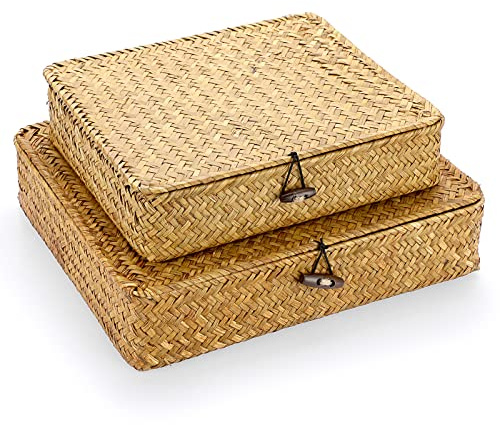 IGNPION Set of 2 Seagrass Storage Basket with Lid Flat Organiser Baskets for Shelf, Closet Storage Chest Handmade Weave Multipurpose Container for Gift Hampe, laundry room, TV stand(Caramels)