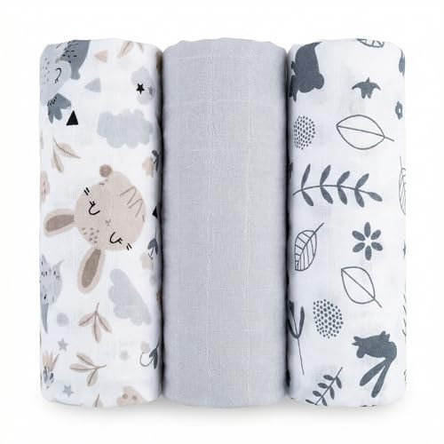 Baby Safe 3-pack mussoler för nyfödd 80 x 70 cm, babyhanddukar i 100 % ekologisk bomull certifierad OEKO-TEX Mussla för nyfödd i bomull, perfekt som haklapp, myssla för bebis, bambu | mönster 5