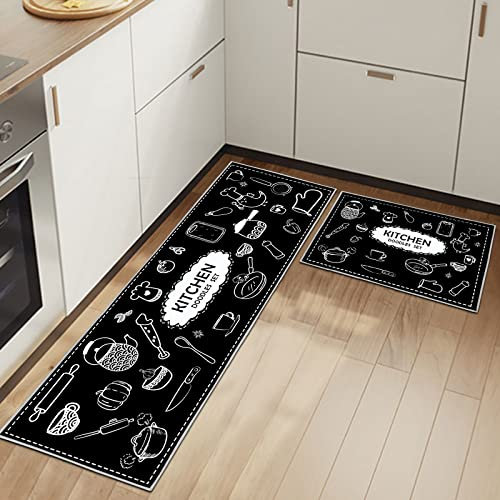 Küchenteppiche Rutschfestes Küchenmatten 2 Stück, Waschbar Küche Bodenmatte Küchenmatten Set Mit Schiebeaufkleber,Komfort Pflegeleicht Für Küche Staubdicht Fußmatte (Kitchenware C, 40x60+40x120cm)